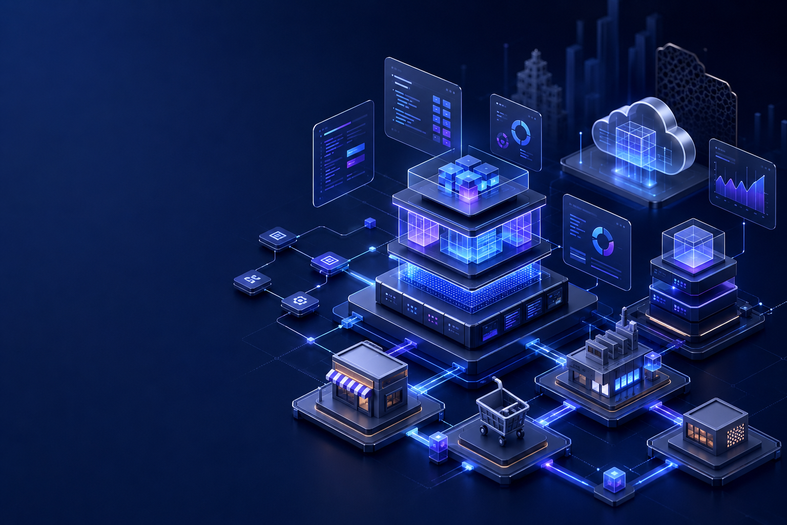 Connected enterprise software ecosystem with dashboards, cloud infrastructure and business workflows